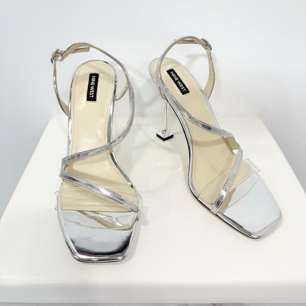 Nine West Heels Pumps Silver Faux Leather Stiletto Open Toe Wo's Size 10 - Picture 11 of 14